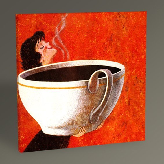 Woman Smelling Giant Cup of Coffee